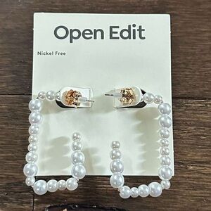 Open Edit-Faux Pearl Rectangle Earrings-white/Gold-NWT
